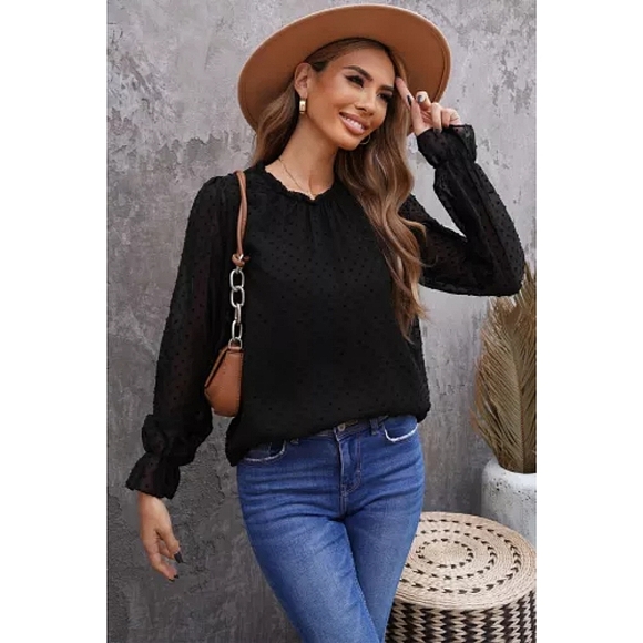 LAST ONE! Plus Size KYLA Black Swiss Dot Bubble Sleeve Blouse - Picture 2 of 5